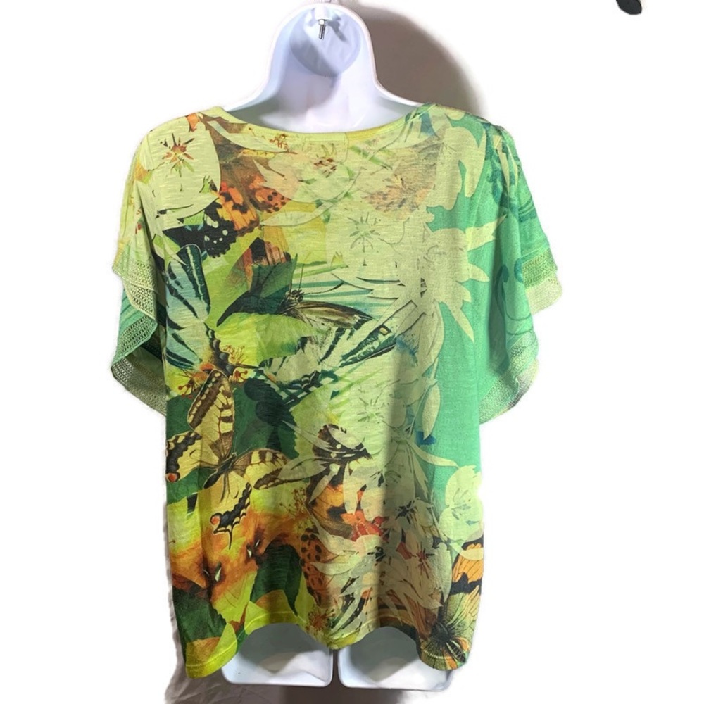 Live And Let Live Womens Size 1X Green Floral Butterfly Blouse Sequins Lace - Picture 4 of 8
